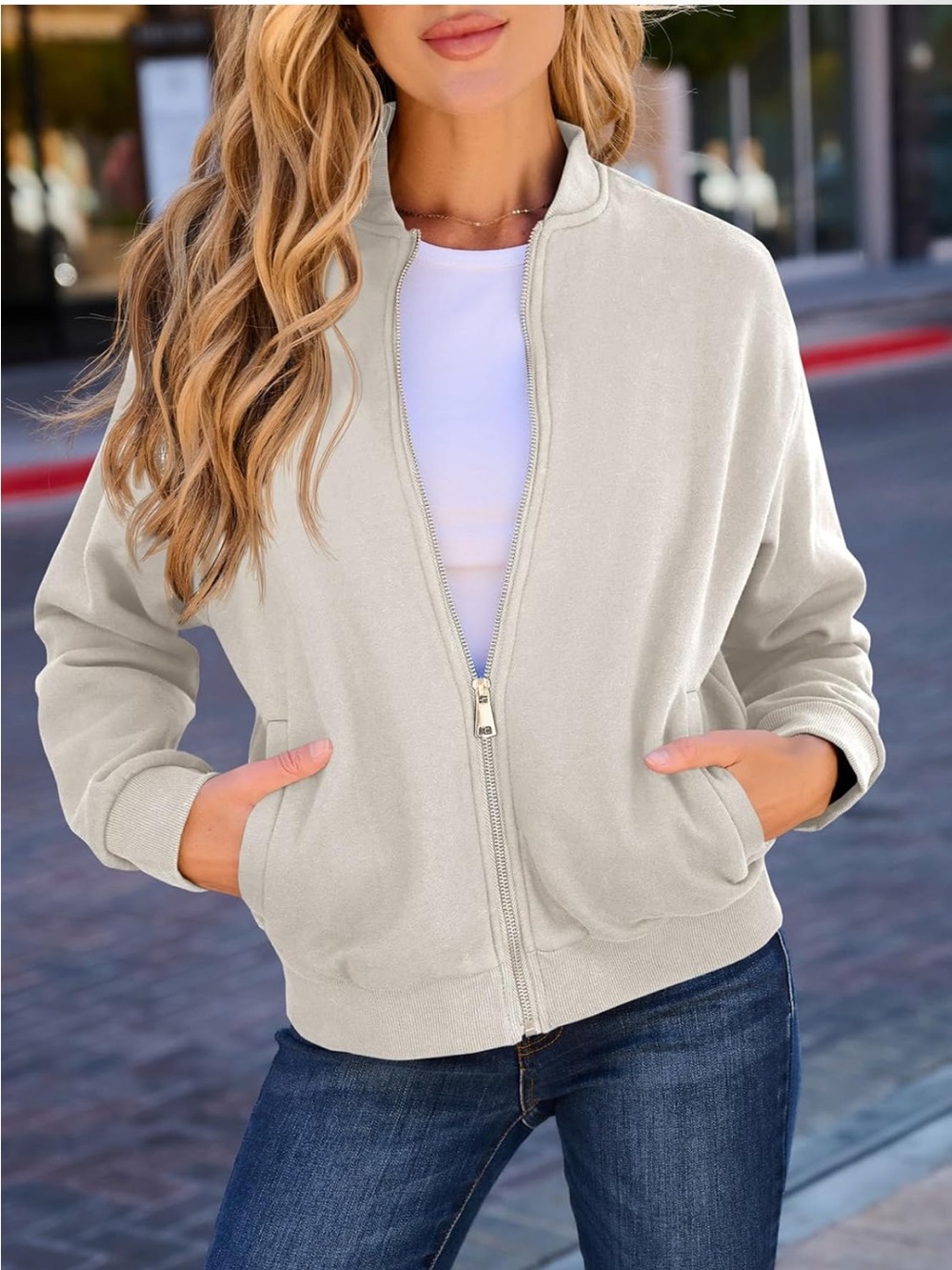 Zip-Front Bomber Jacket. Cream. Size Medium &. Large. NWOT. - Picture 2 of 3